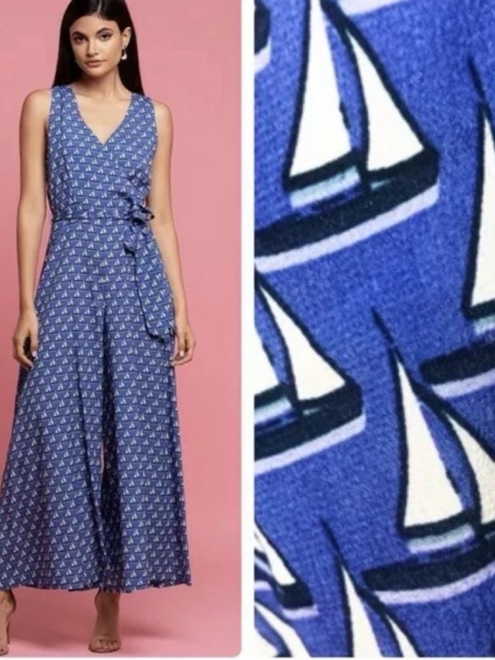 Eva Franco Blue Sailboat Print Wide-Leg Jumpsuit